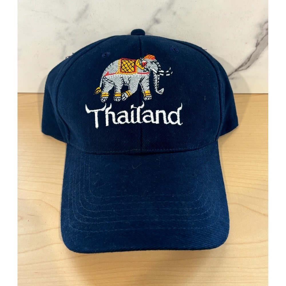 Vintage Thailand Elephant Embroidered Black Strapback Hat Travel Souvenir Cap